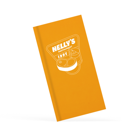 Orange menu with nelly's restaurant branding in white on the front 