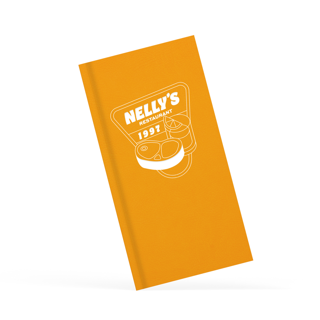 Orange menu with nelly's restaurant branding in white on the front 
