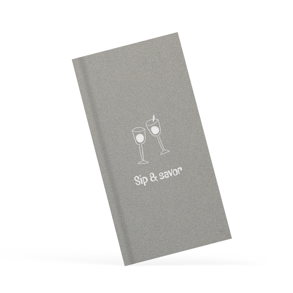 Gray menu with wine glass illustrations and 'Sip & Savor' text on a white background.