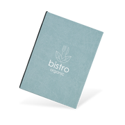 A blue menu with a fish illustration and the text 'bistro organic' on the cover.