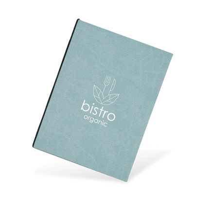 A blue menu with a fish illustration and the text 'bistro organic' on the cover.