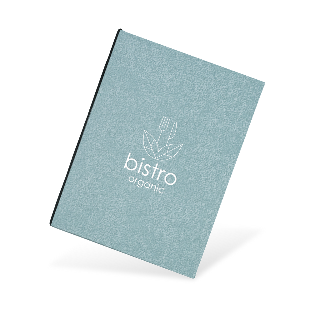 A blue menu with a fish illustration and the text 'bistro organic' on the cover.