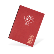 A red menu with a fish illustration and the text 'MENU' on the cover.