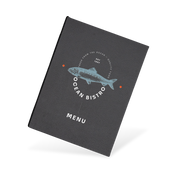 A black menu with a fish illustration and the text 'ocean bistro' on the cover.
