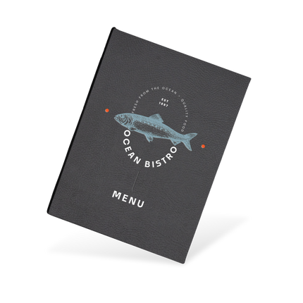 A black menu with a fish illustration and the text 'ocean bistro' on the cover.