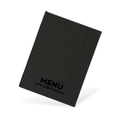 Black menu cover with 'MENU CAFE & RESTAURANT' text on a white background