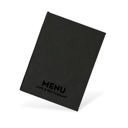 Black menu cover with 'MENU CAFE & RESTAURANT' text on a white background