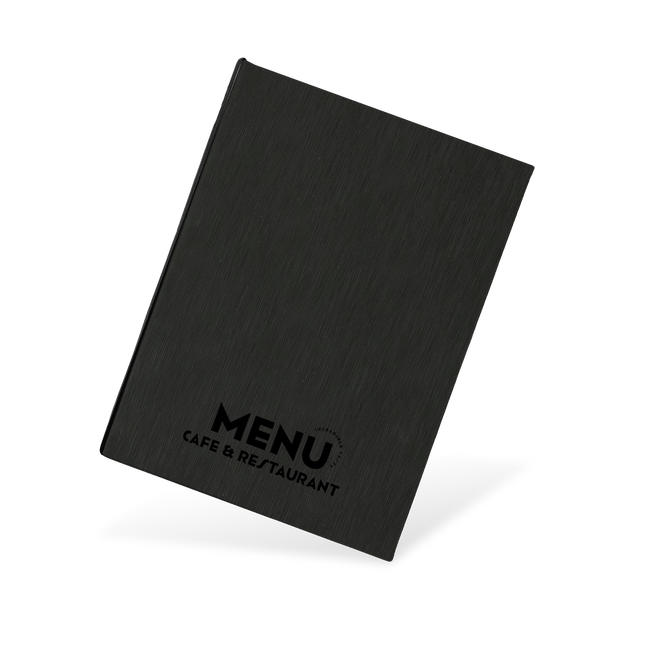 Black menu cover with 'MENU CAFE & RESTAURANT' text on a white background