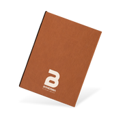 Brown notebook with a white logo on a white background