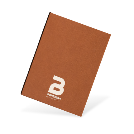 Brown notebook with a white logo on a white background