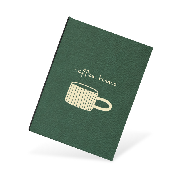 Green menu with a coffee cup illustration and 'coffee time' text on a white background
