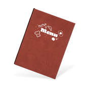 A brown menu with a fish illustration and the text 'MENU' on the cover.