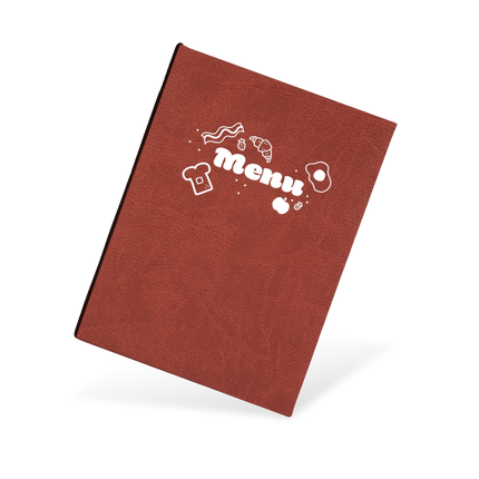A brown menu with a fish illustration and the text 'MENU' on the cover.