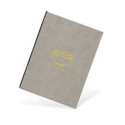 Gray menu cover with yellow logo and 'menu' text on a white background