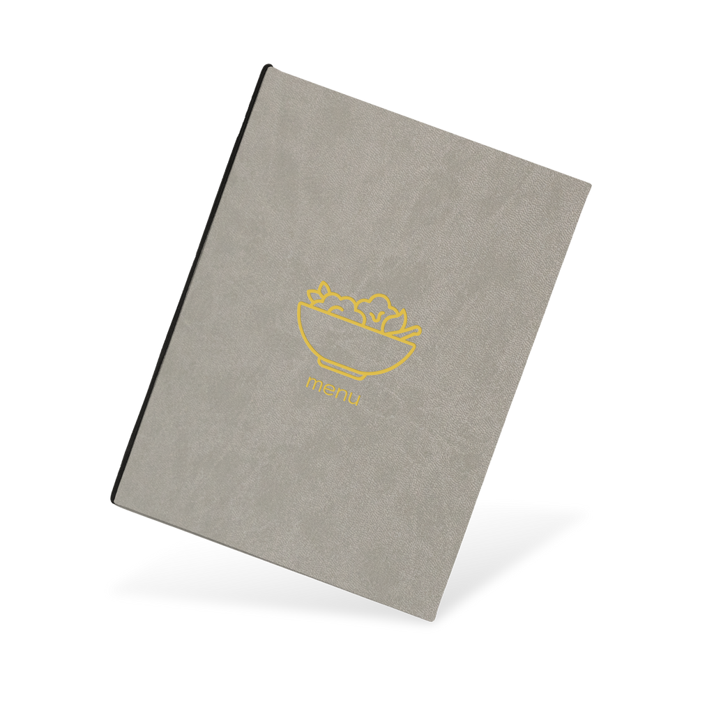 Gray menu cover with yellow logo and 'menu' text on a white background