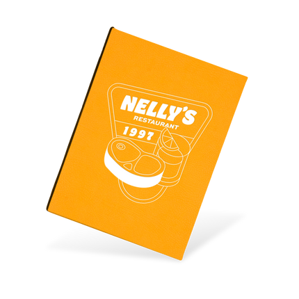 A yellow menu with a fish illustration and the text 'nelly's' on the cover.