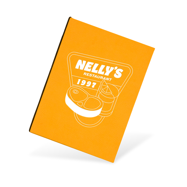A yellow menu with a fish illustration and the text 'nelly's' on the cover.
