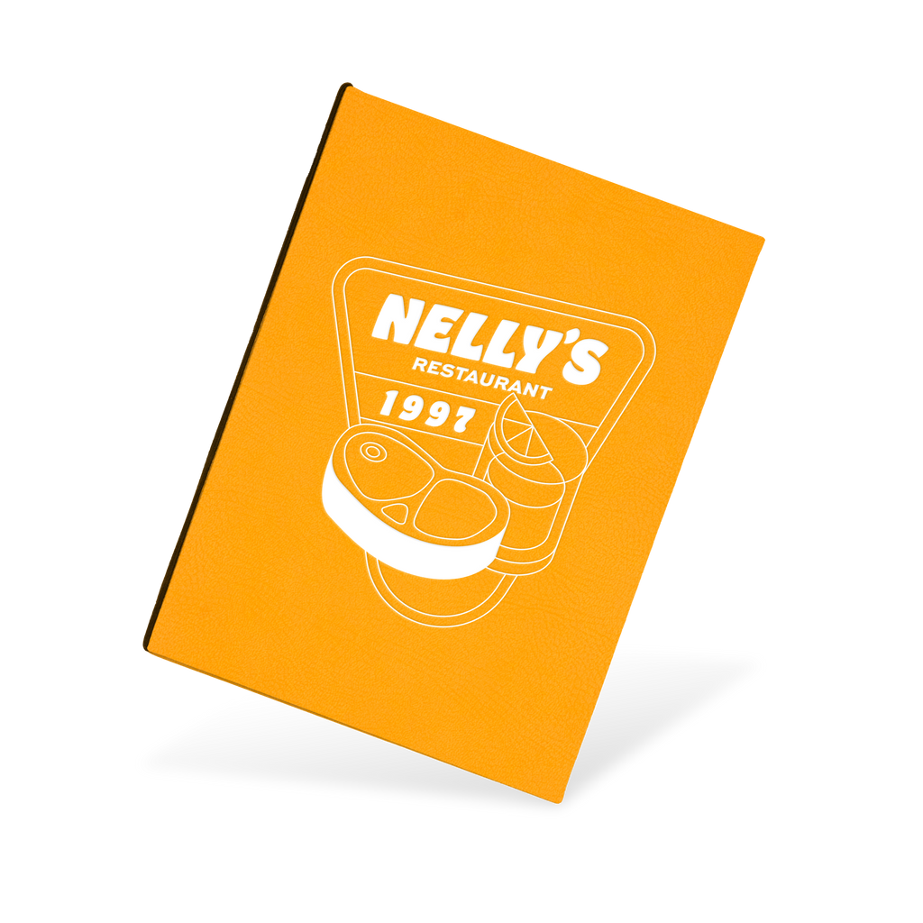 A yellow menu with a fish illustration and the text 'nelly's' on the cover.