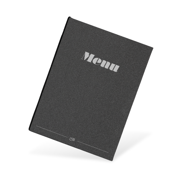 Black menu cover with 'Menu' text on a white background