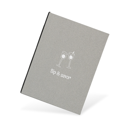 Gray menu with 'Sip & Savor' text and wine glass illustrations on a white background