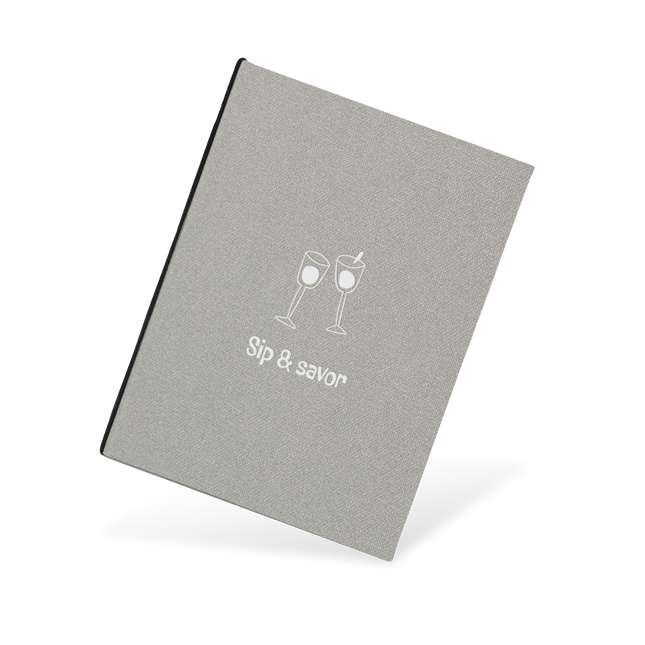 Gray menu with 'Sip & Savor' text and wine glass illustrations on a white background