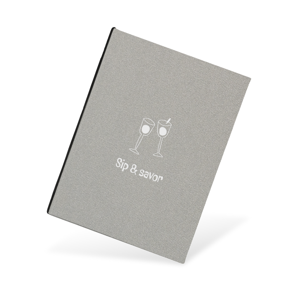 Gray menu with 'Sip & Savor' text and wine glass illustrations on a white background