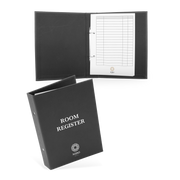 A black hotel room register with a cover featuring the text 'ROOM REGISTER' and a grid of guest information sheets inside.