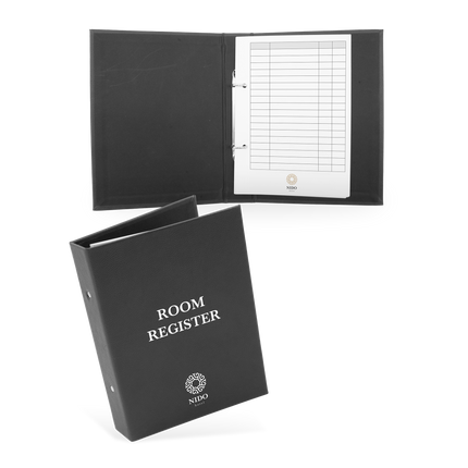 A black hotel room register with a cover featuring the text 'ROOM REGISTER' and a grid of guest information sheets inside.