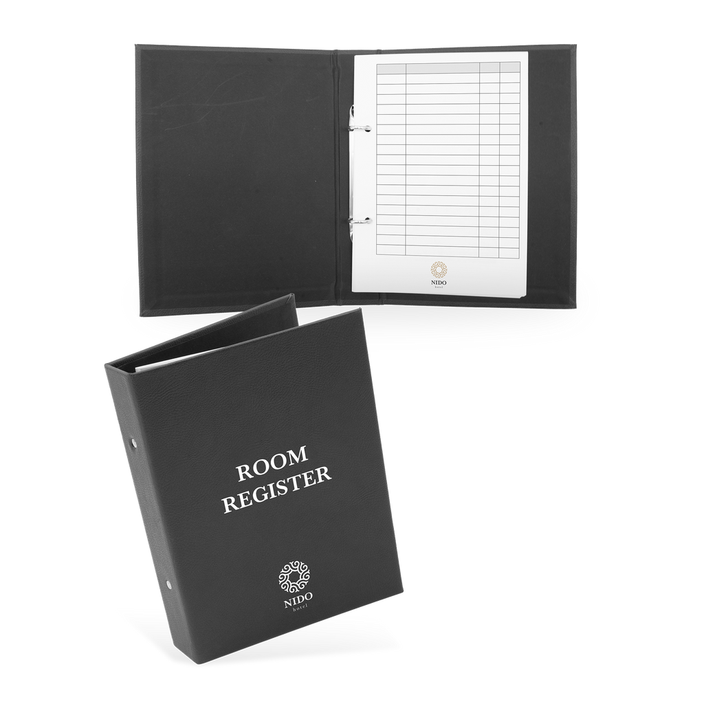 A black hotel room register with a cover featuring the text 'ROOM REGISTER' and a grid of guest information sheets inside.