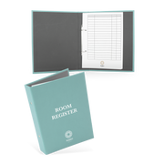 A blue hotel room register with a cover featuring the text 'ROOM REGISTER' and a grid of guest information sheets inside.
