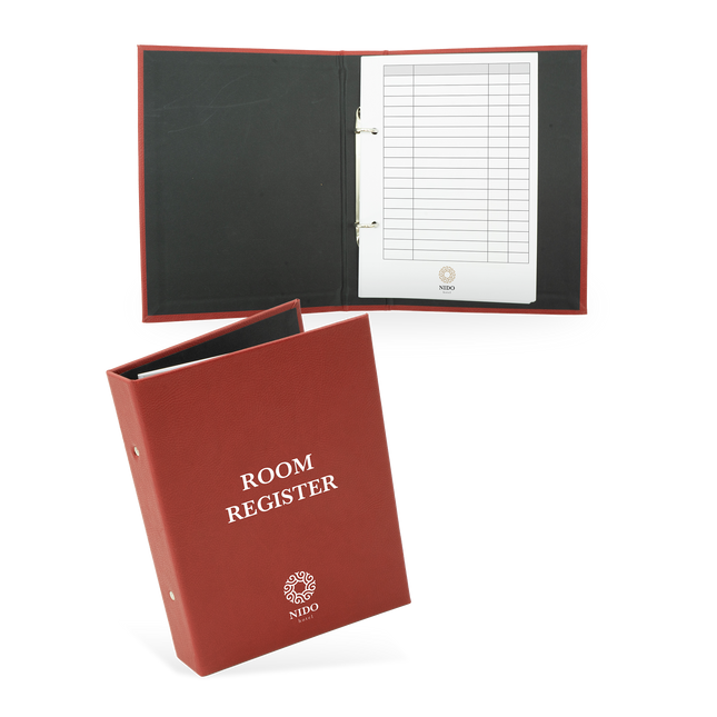 A brown hotel room register with a cover featuring the text 'ROOM REGISTER' and a grid of guest information sheets inside.