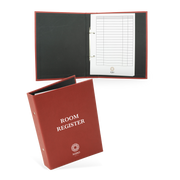 A brown hotel room register with a cover featuring the text 'ROOM REGISTER' and a grid of guest information sheets inside.