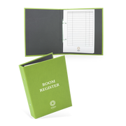 A green hotel room register with a cover featuring the text 'ROOM REGISTER' and a grid of guest information sheets inside.