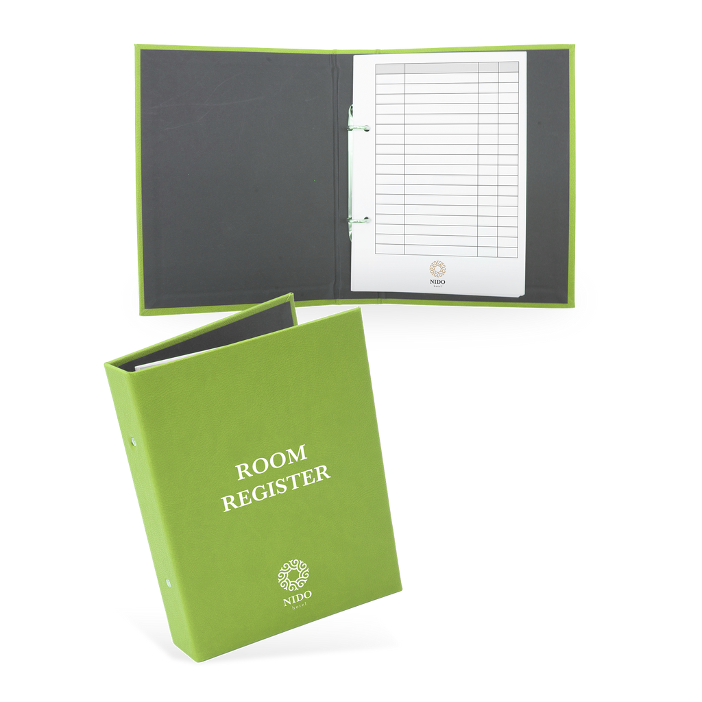 A green hotel room register with a cover featuring the text 'ROOM REGISTER' and a grid of guest information sheets inside.