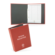 A red hotel room register with a cover featuring the text 'ROOM REGISTER' and a grid of guest information sheets inside.
