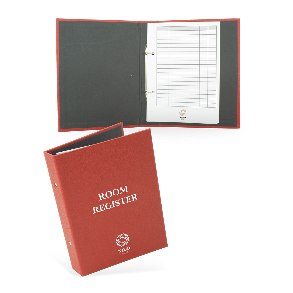 A red hotel room register with a cover featuring the text 'ROOM REGISTER' and a grid of guest information sheets inside.