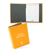 A orange hotel room register with a cover featuring the text 'ROOM REGISTER' and a grid of guest information sheets inside.