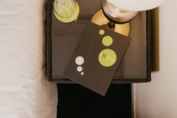 Brown hard cover with circular designs on a surface in a hotel
