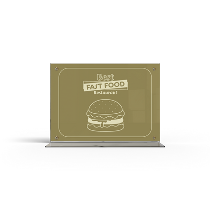 A acrylic menu stand with a transparent side showing a menu card inside.