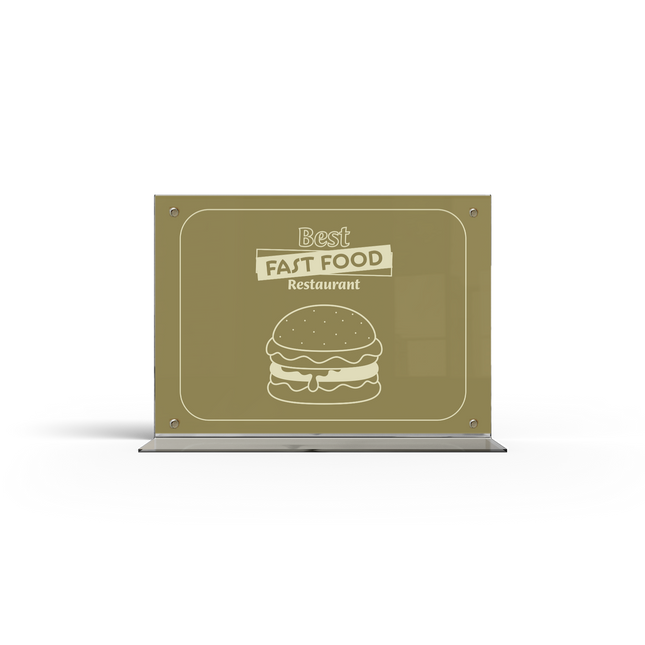 A acrylic menu stand with a transparent side showing a menu card inside.