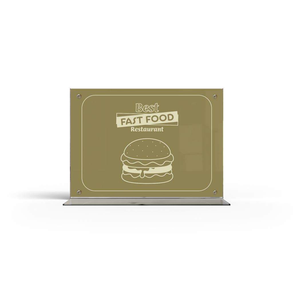 A acrylic menu stand with a transparent side showing a menu card inside.