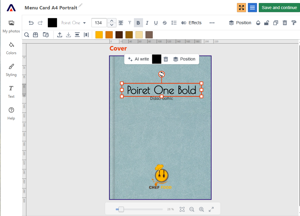 Design software interface with a menu card template and text 'Poiret One Bold' on a blue background.